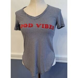 Small Well Worn Los Angeles "Good Vibes" Navy Blue White Striped Tshirt V-Neck R